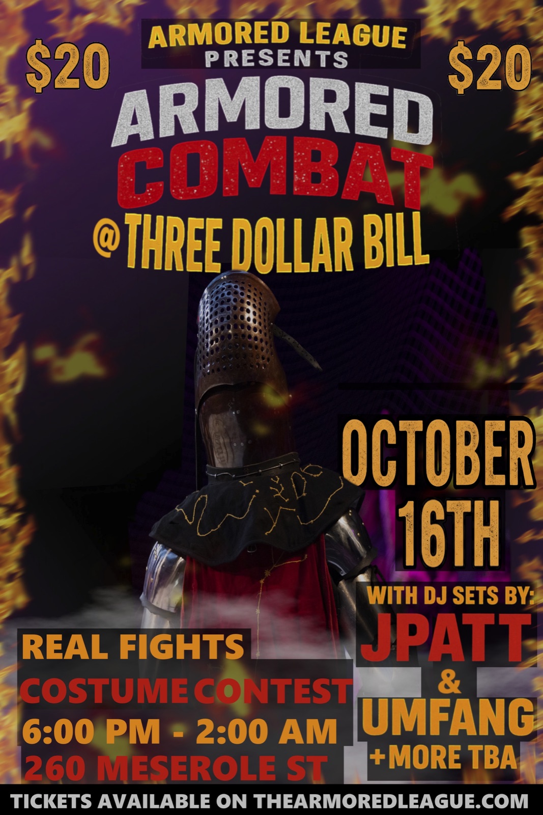Event poster: Armored League presents Armored Combat at Three Dollar Bill, October 16th, DJ sets, costume contest, 6 PM to 2 AM, 260 Meserole St