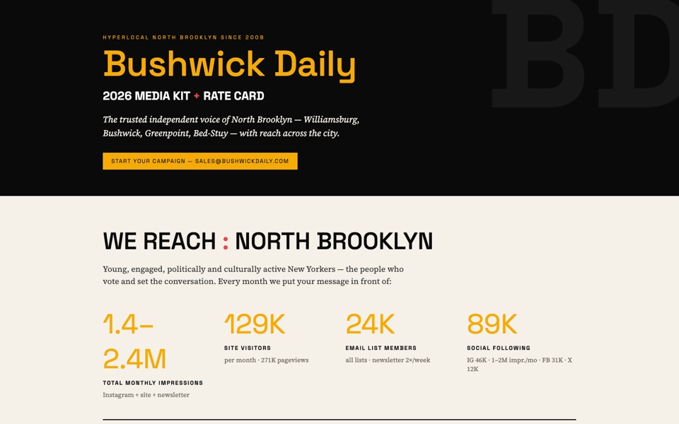 The 2026 media kit: Bushwick Daily in yellow serif on black, then audience figures for North Brooklyn