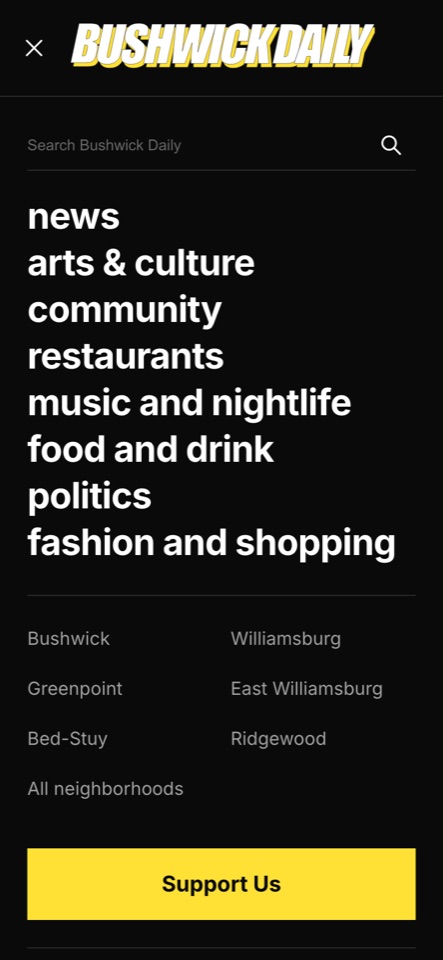 The phone menu: sections in large type, neighborhoods, and a yellow Support Us block