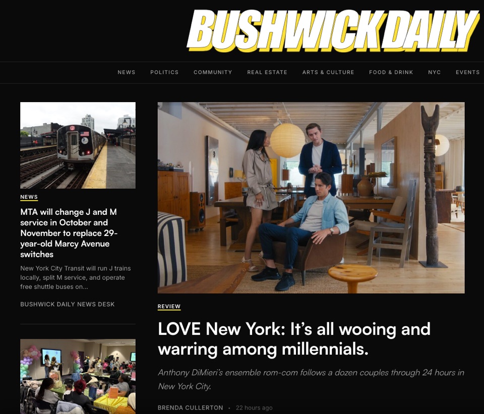 The redesigned Bushwick Daily homepage: wordmark with a yellow offset, section navigation, a lead story and a left column of news