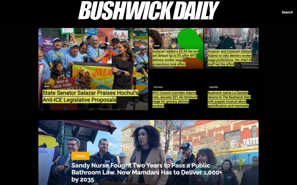 The Bushwick Daily homepage in February 2026, on the stock theme