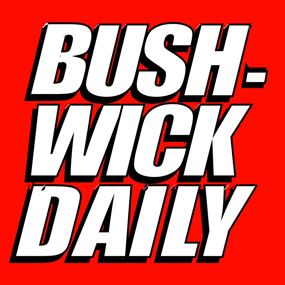 Square Bushwick Daily logo, white italic type with a black offset on red