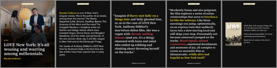 Seven slides of a review carousel: a photo cover, an introduction, the writer's passages on black, and an information slide