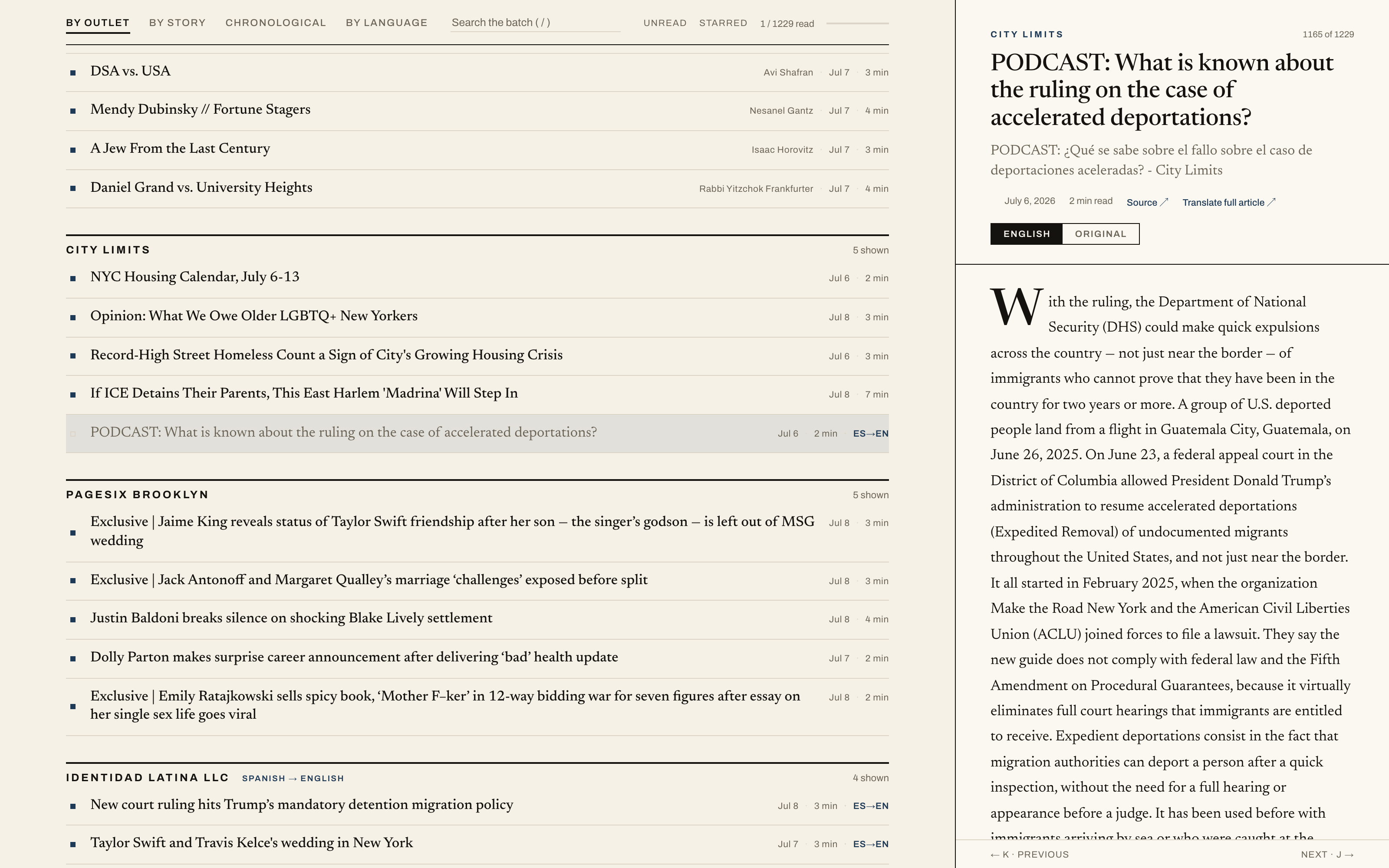 The reading panel showing a Spanish article rendered in English with its original headline beneath.