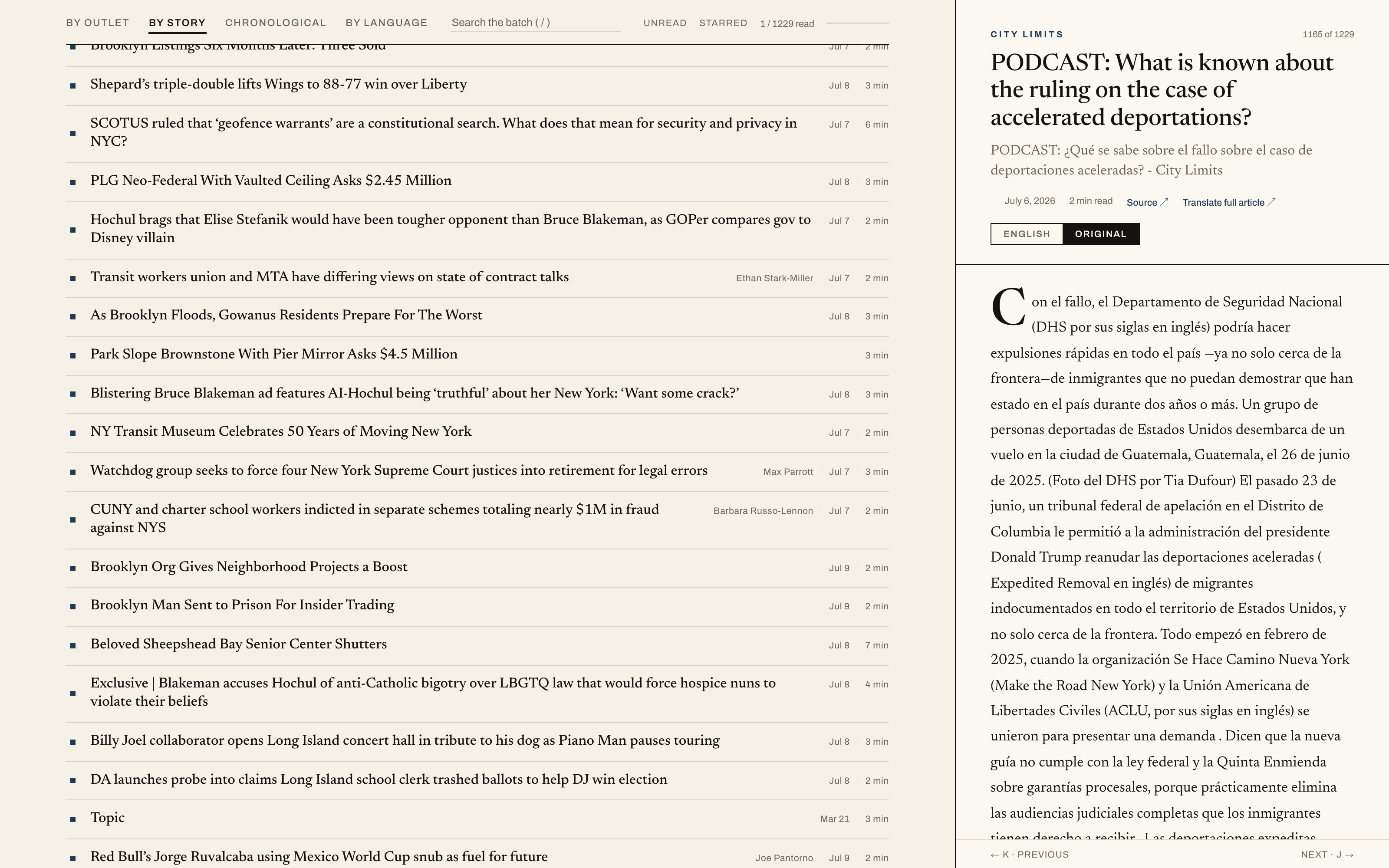 The by-story view grouping each outlet's coverage of the same story, across languages.