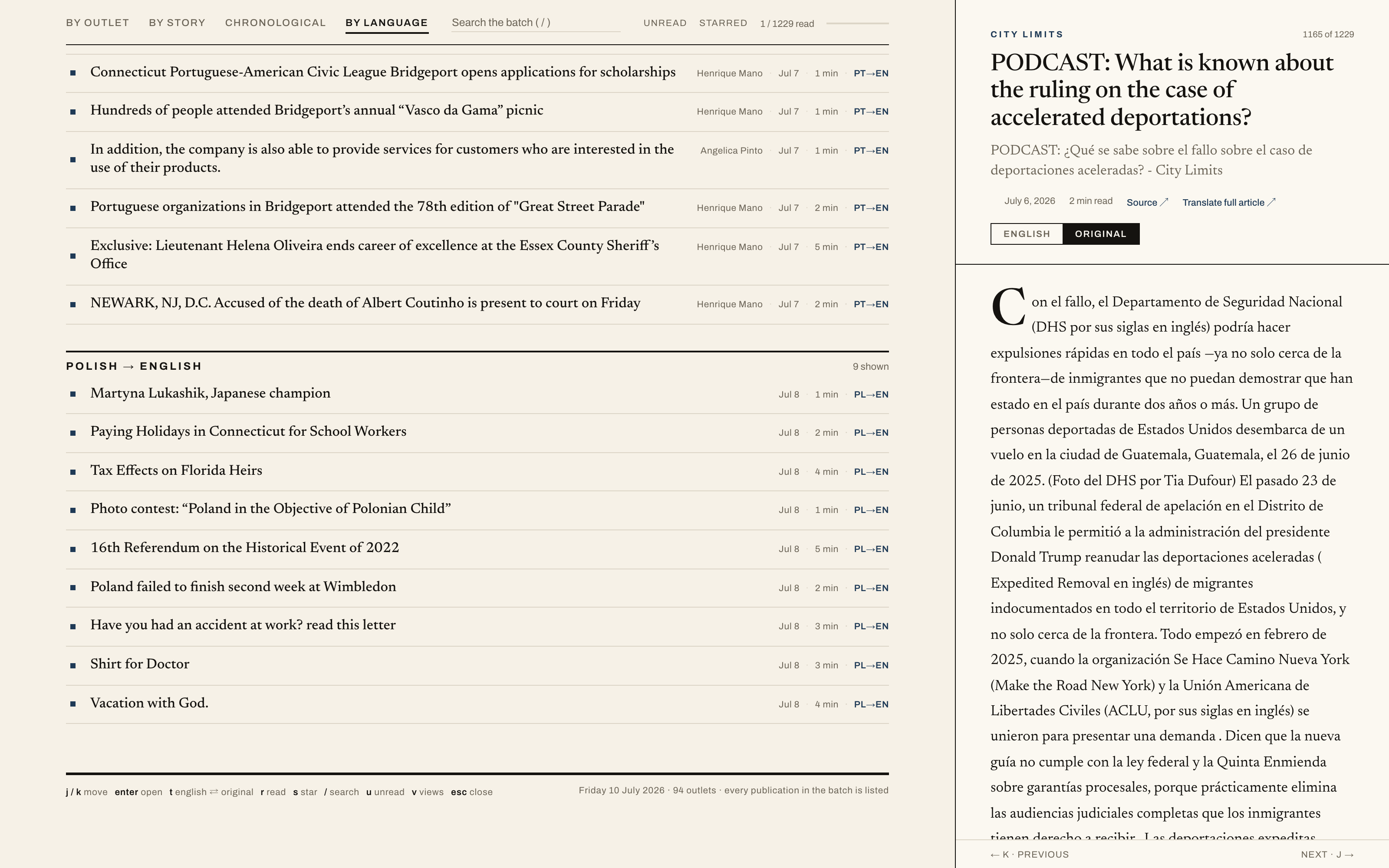 The by-language view grouping the day's articles by detected source language.
